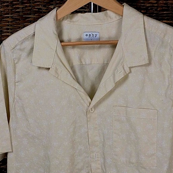 ESBY Apparel USA Austin TX Yellow Pattern Cotton Sz L Mens Short Sleeve Shirt - Picture 2 of 2
